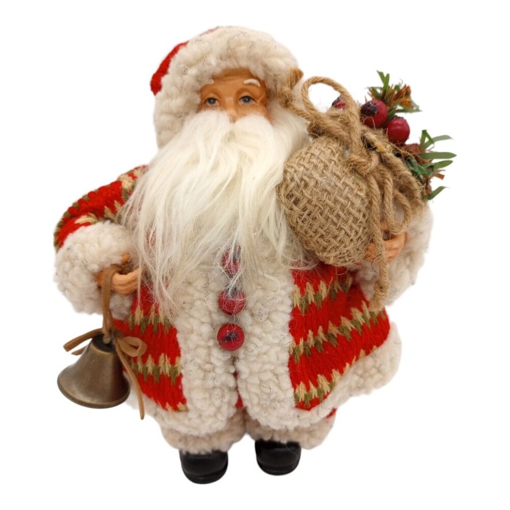 Old World Santa Claus in Red Coat Faux Fur Christmas Figure Bell Pinecone Sack